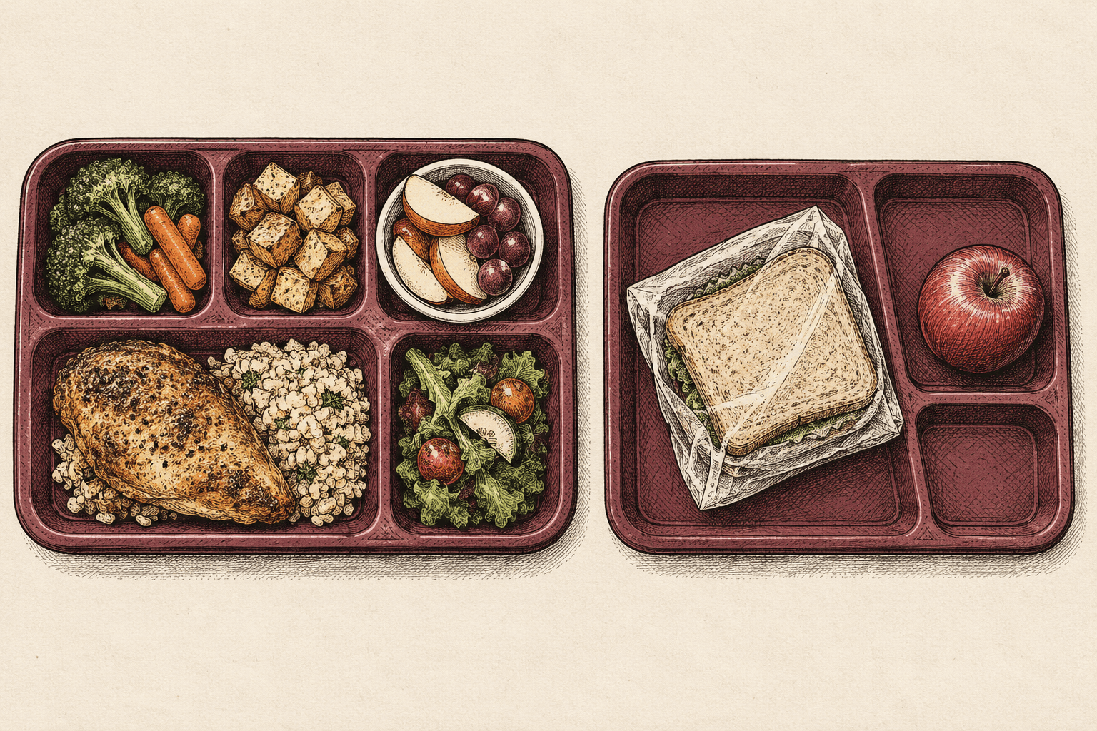 Editorial illustration: Two cafeteria trays with different meals