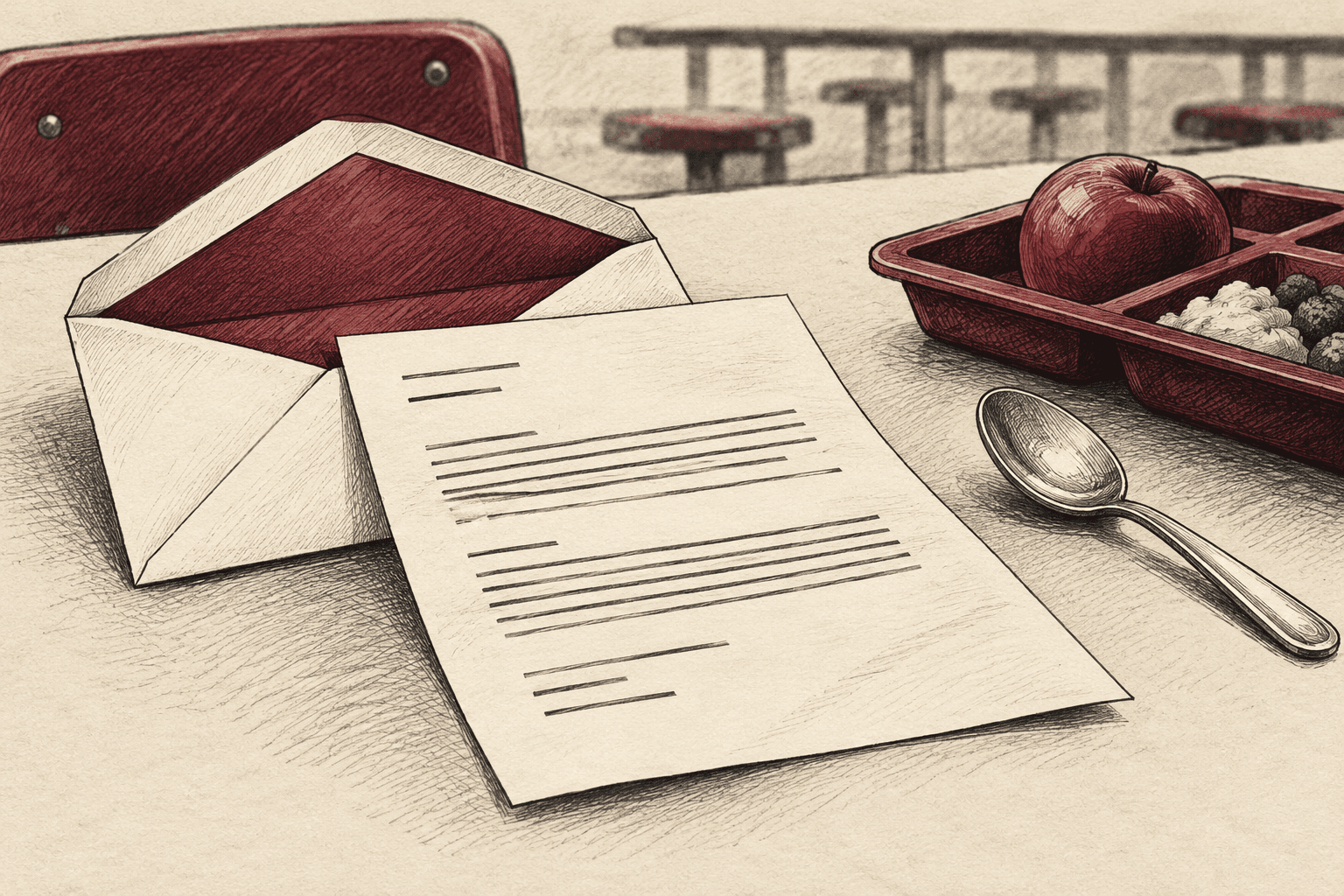 Editorial illustration: Envelope and abstract collection letter beside a cafeteria spoon