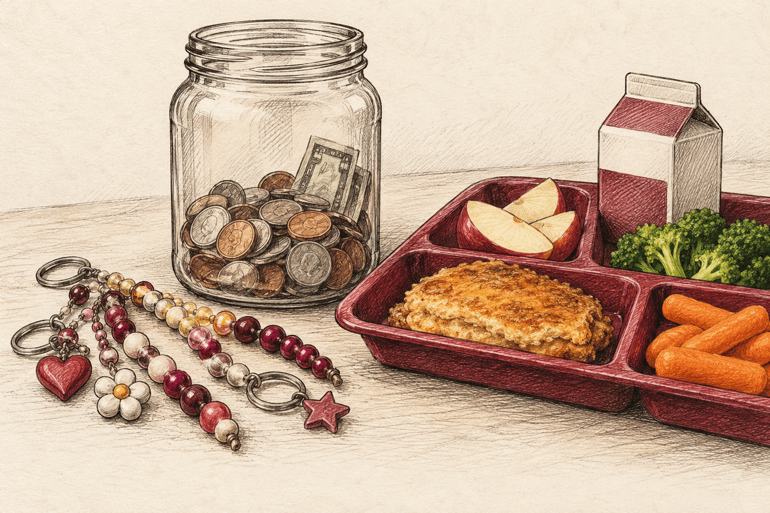 Editorial illustration: Handmade keychains beside a donation jar and lunch tray