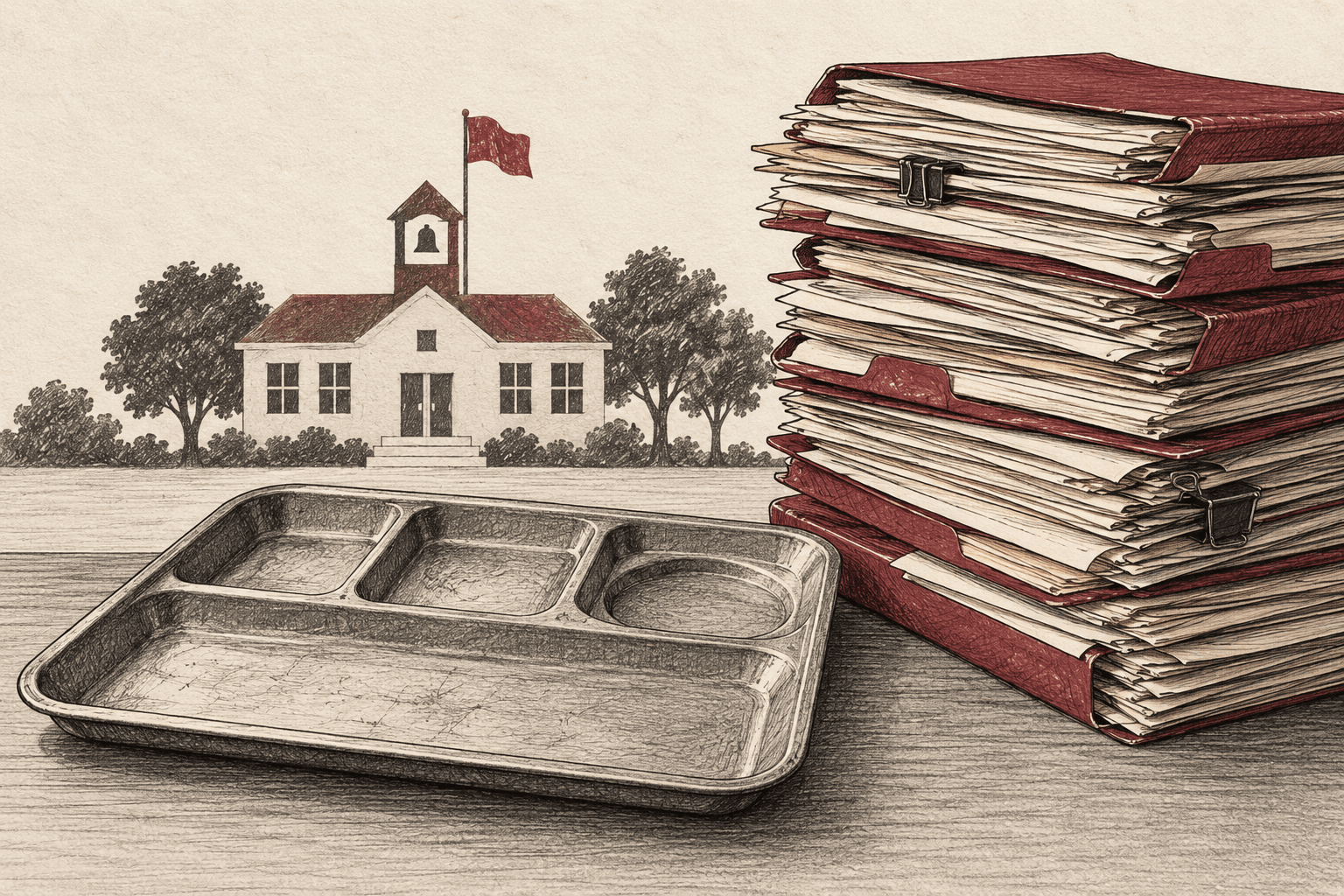 Editorial illustration: School lunch tray beside case folders and a schoolhouse